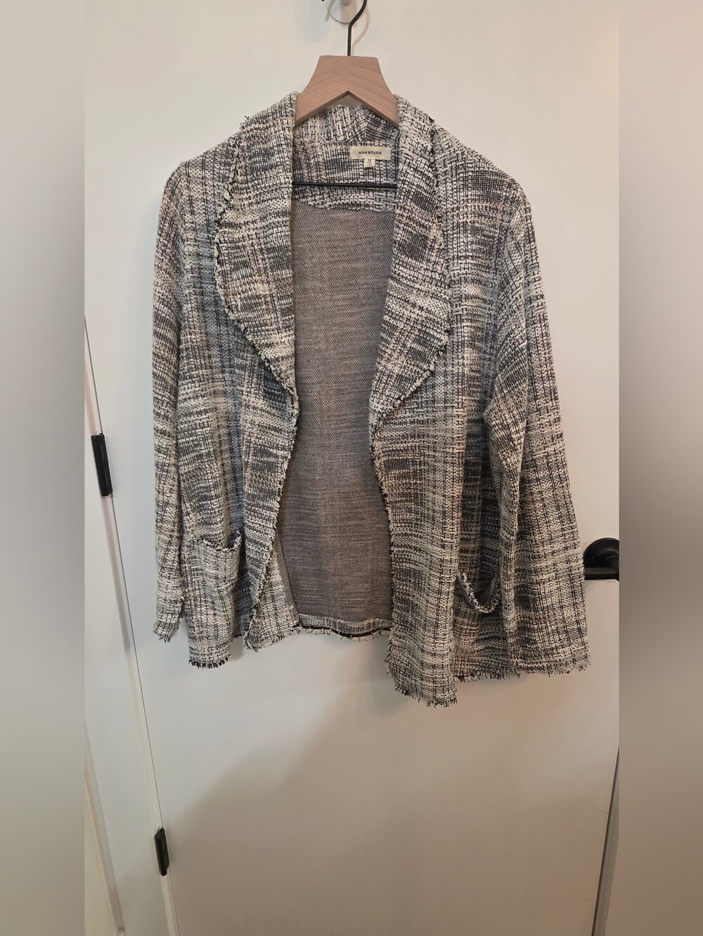 Black/White Tweed Open Cardigan Jacket